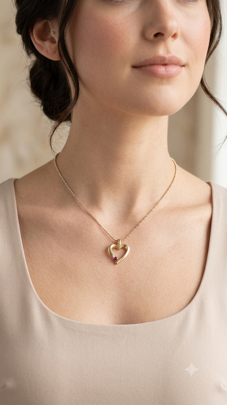 14K Gold Heart Pendant Necklace with Ruby & Diamond