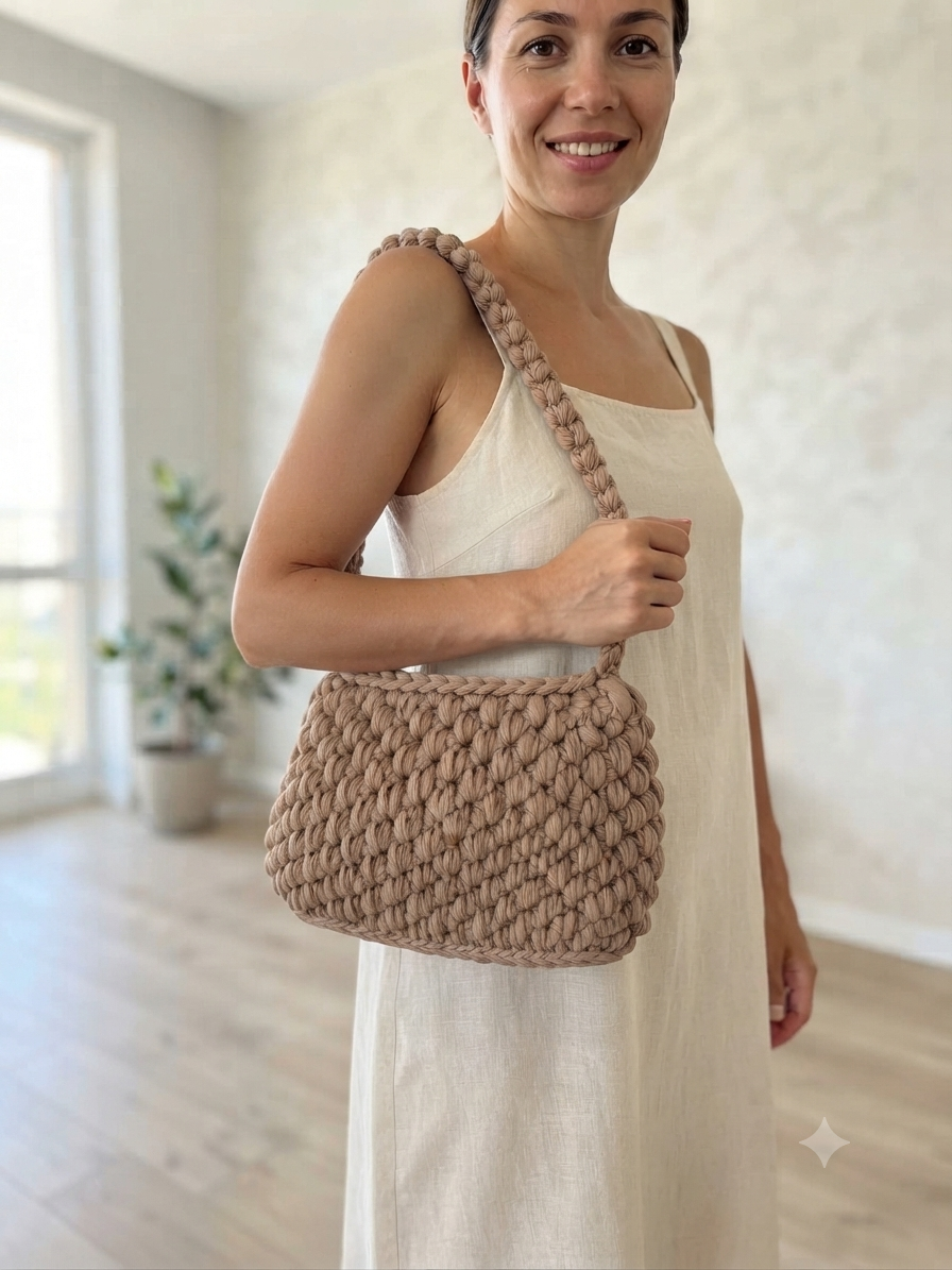 Brown Cotton Crochet Shoulder Bag