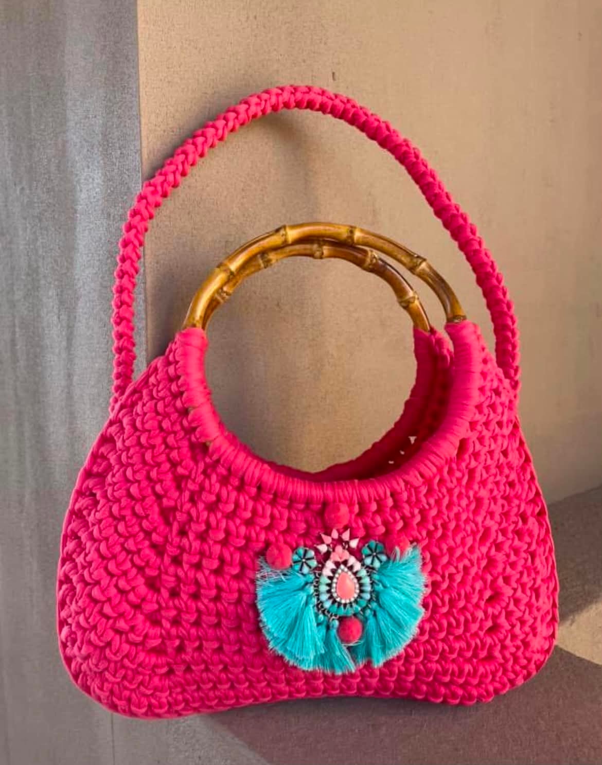 Fuchsia Crochet Bag with Bamboo Handles