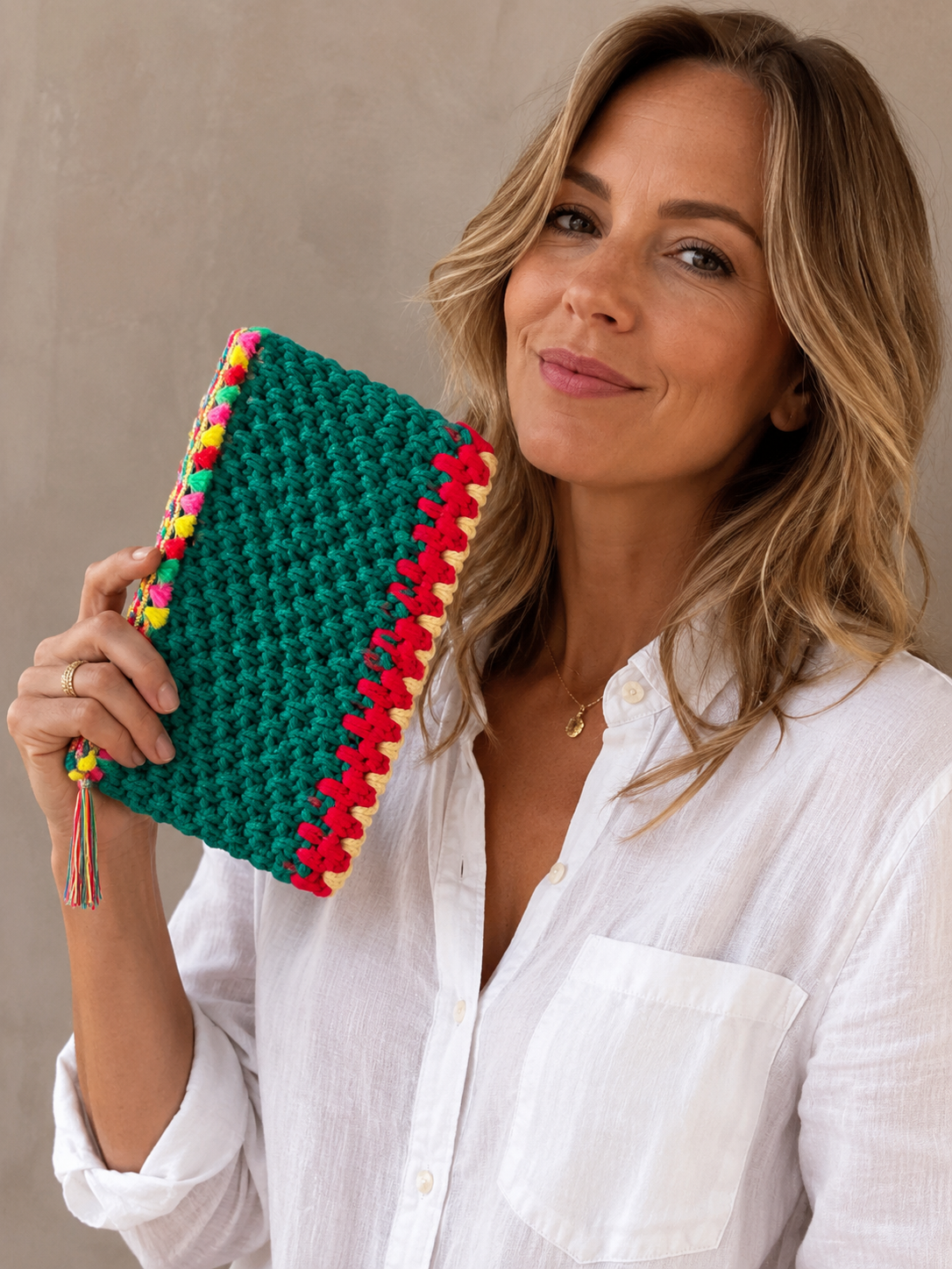 Green Cotton Crochet Pouch with Fiesta Tassel Trim