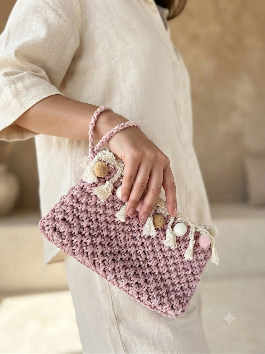 Pink Cotton Crochet Pouch