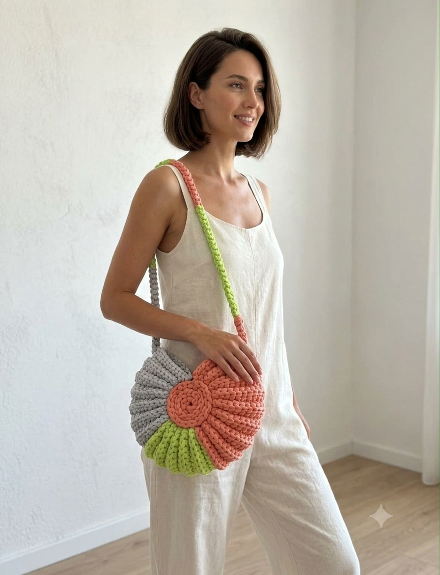Tri-Colour Shell Shaped Crochet Bag