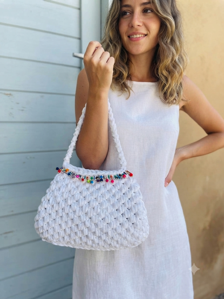 White Cotton Crochet Bag with Beaded Trim
