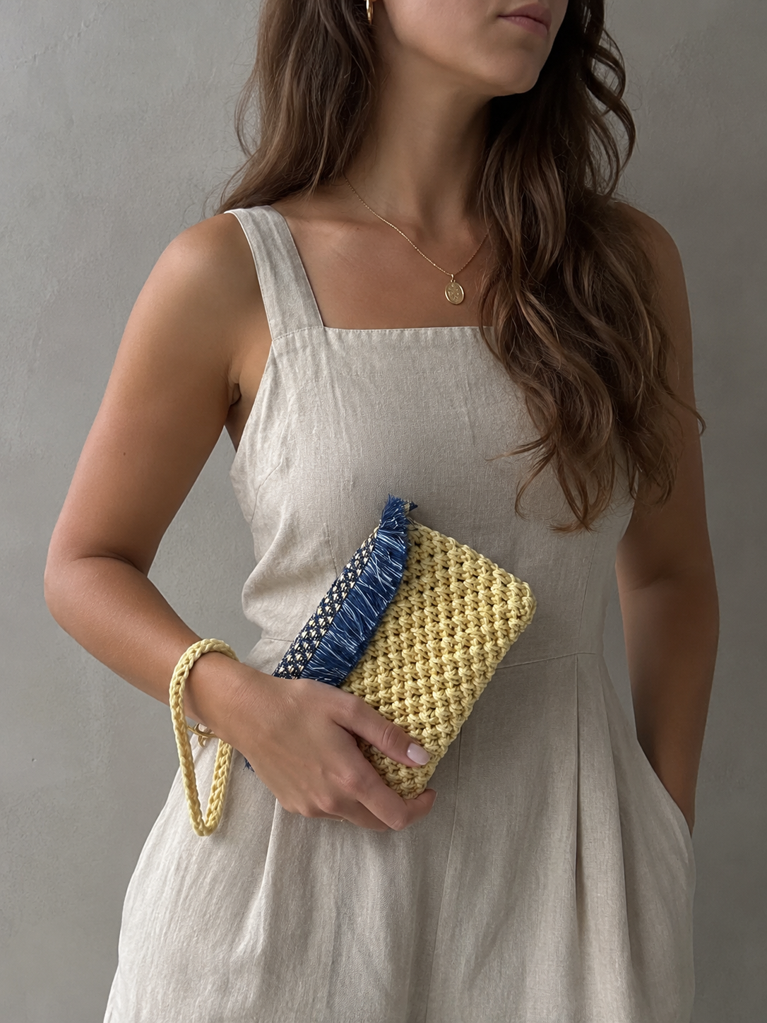 Yellow Cotton Crochet Clutch with Navy Fringe Zipper