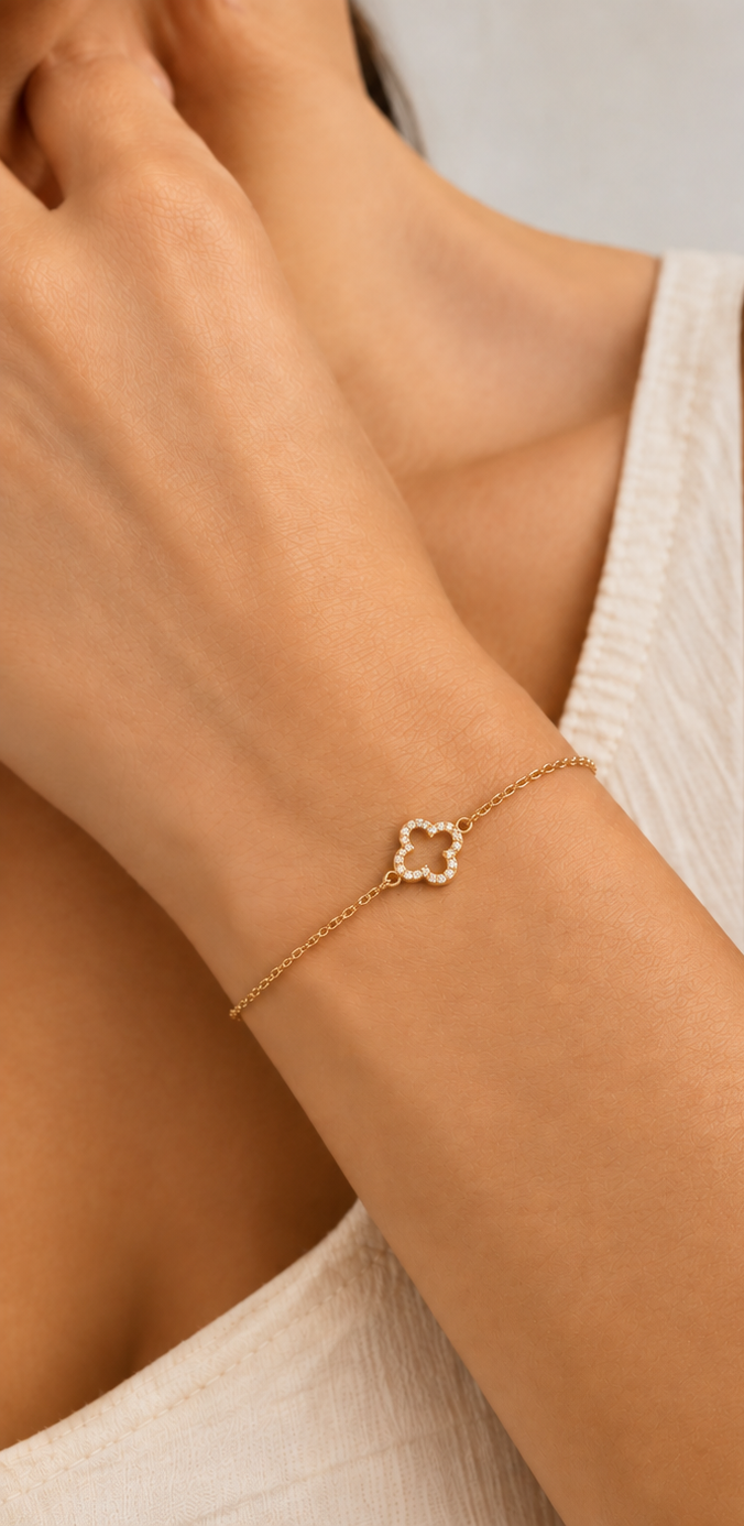 Gold Plated CZ Solitaire Flower Charm Bracelet