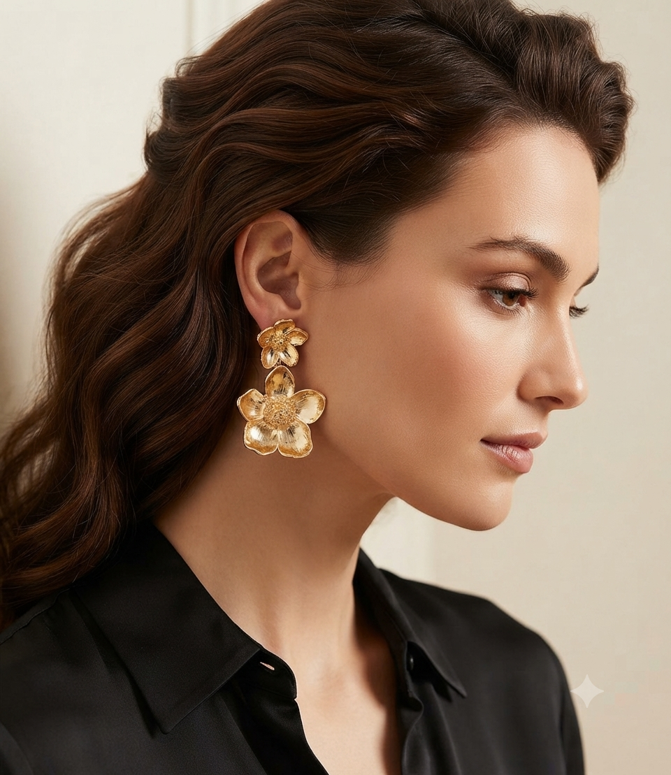 Gold Double Flower Drop Earrings