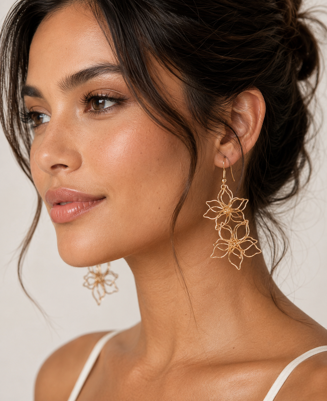 Gold Double Wire Flower Drop Earrings