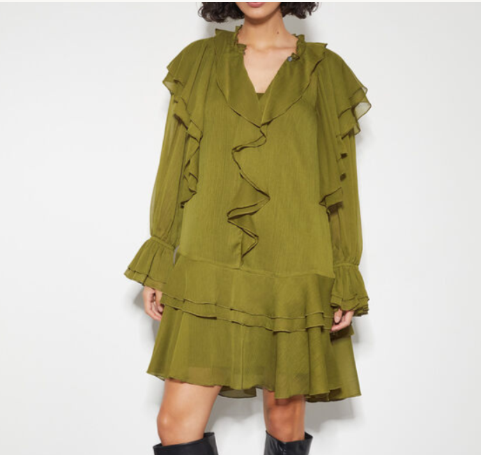 Monsoon Aria Ruffle Dress — Khaki Green