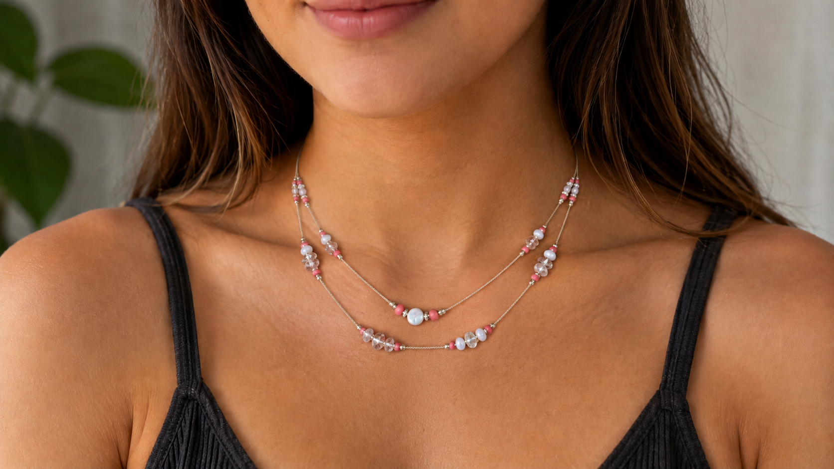 Gold-Tone Chain Necklace with Faux Pearls & Coral Beads