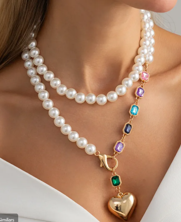 Multi-Strand Pearl & Gemstone Heart Necklace