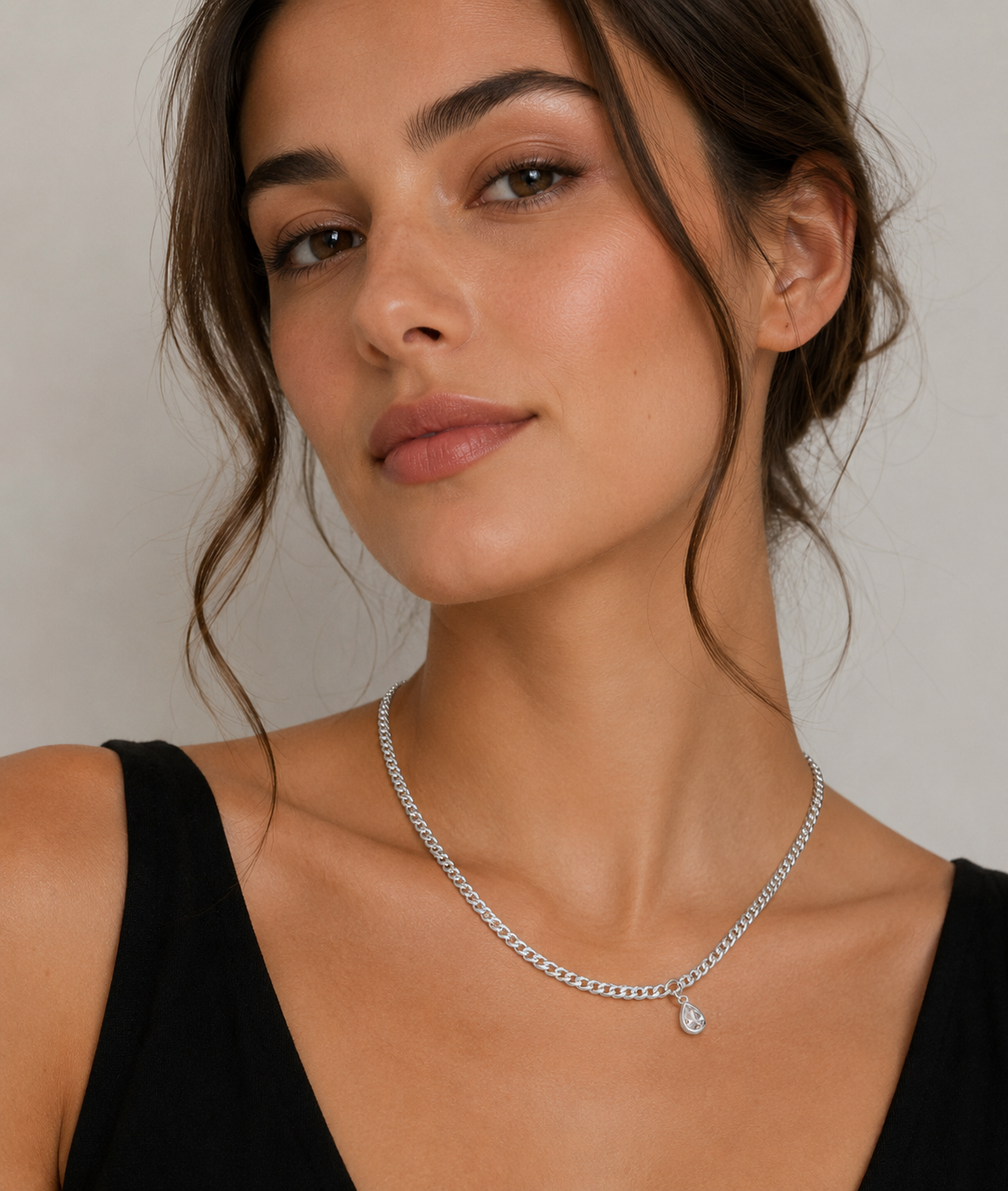 Silver Cuban Chain Necklace with Crystal Teardrop Pendant