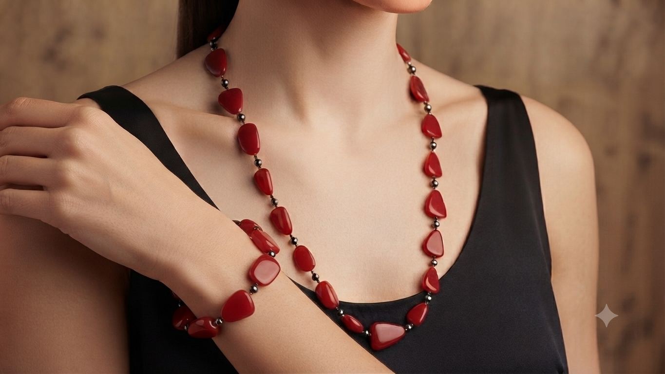Red Organic-Pebble Statement Necklace & Bracelet Set